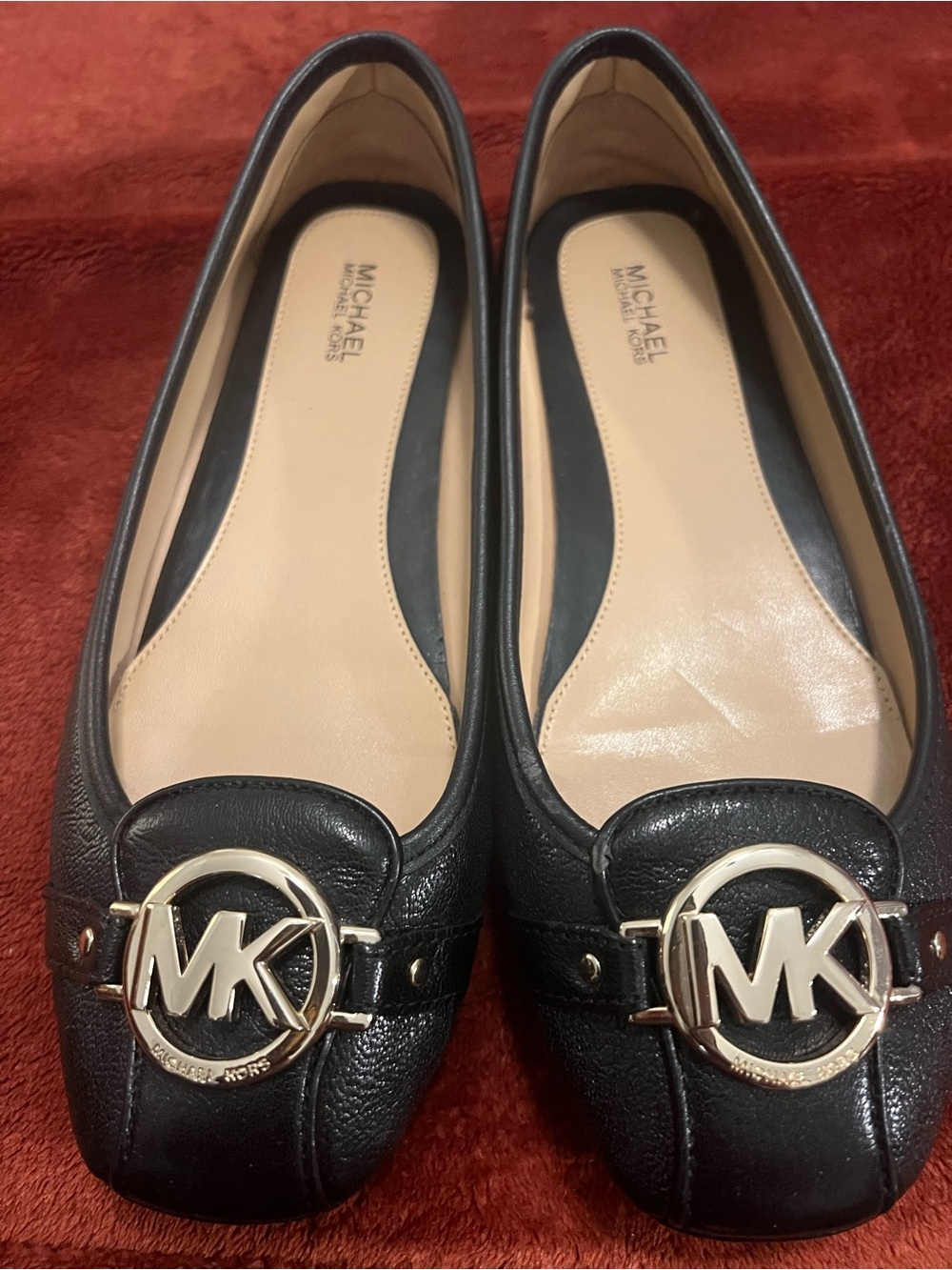 MICHAEL Michael Kors Black Leather Flats with Gold MK Logo